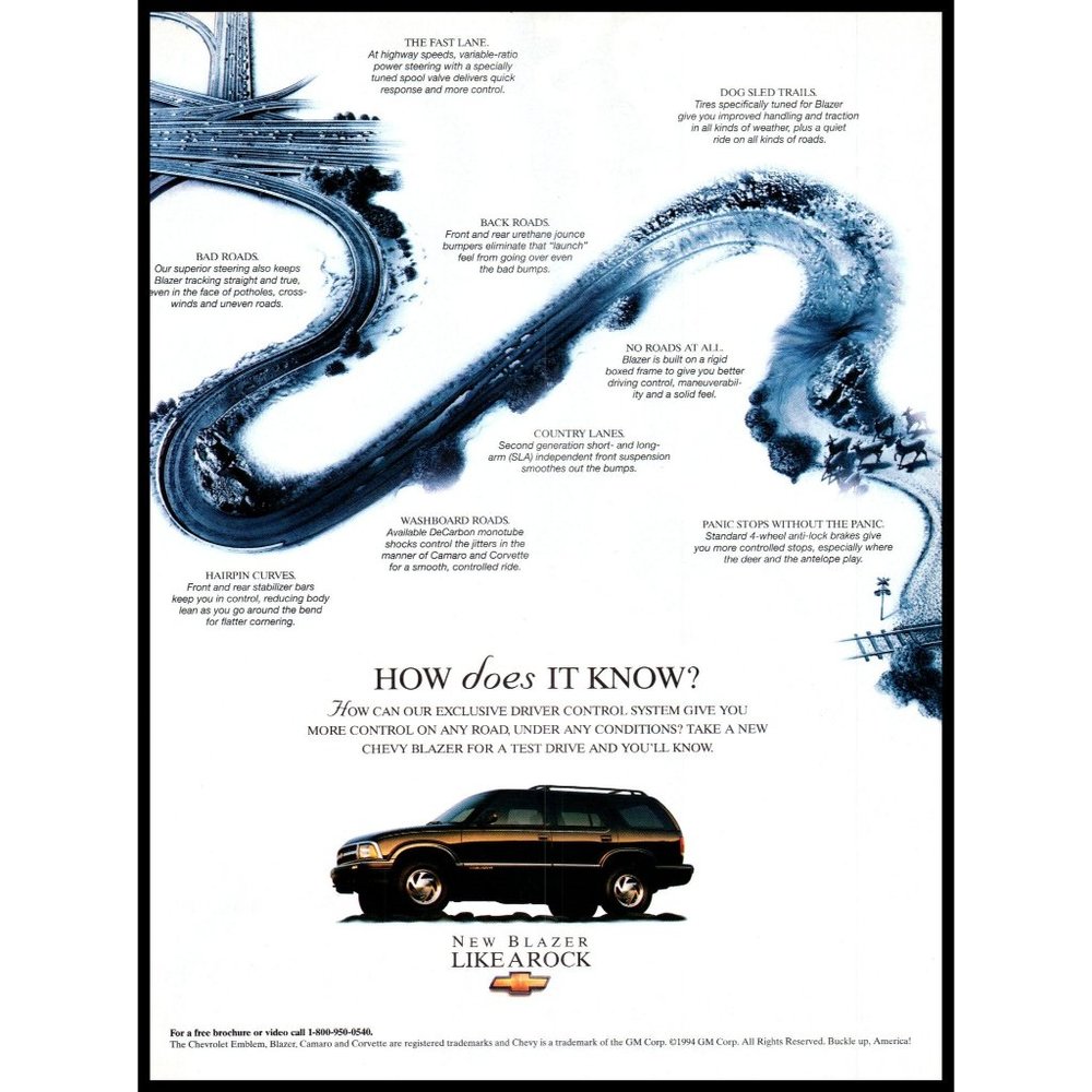 1995 Chevy Blazer 4 Door SUV Vintage Print Ad Winding Highway Road Wall Art